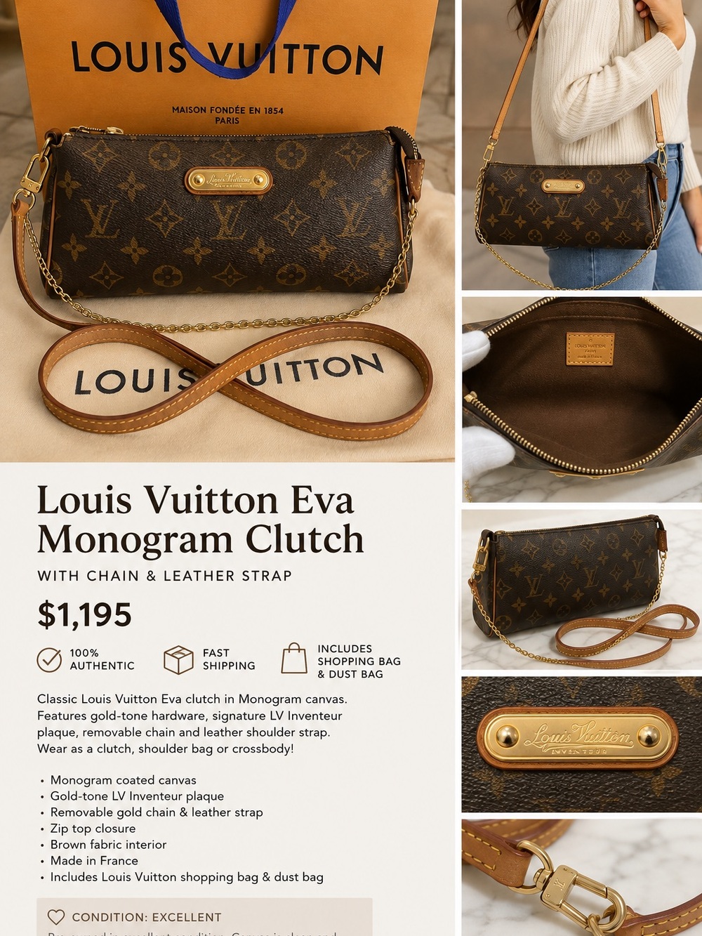 Louis Vuitton Eva Monogram Clutch Crossbody Bag Chain Strap + Dust Bag